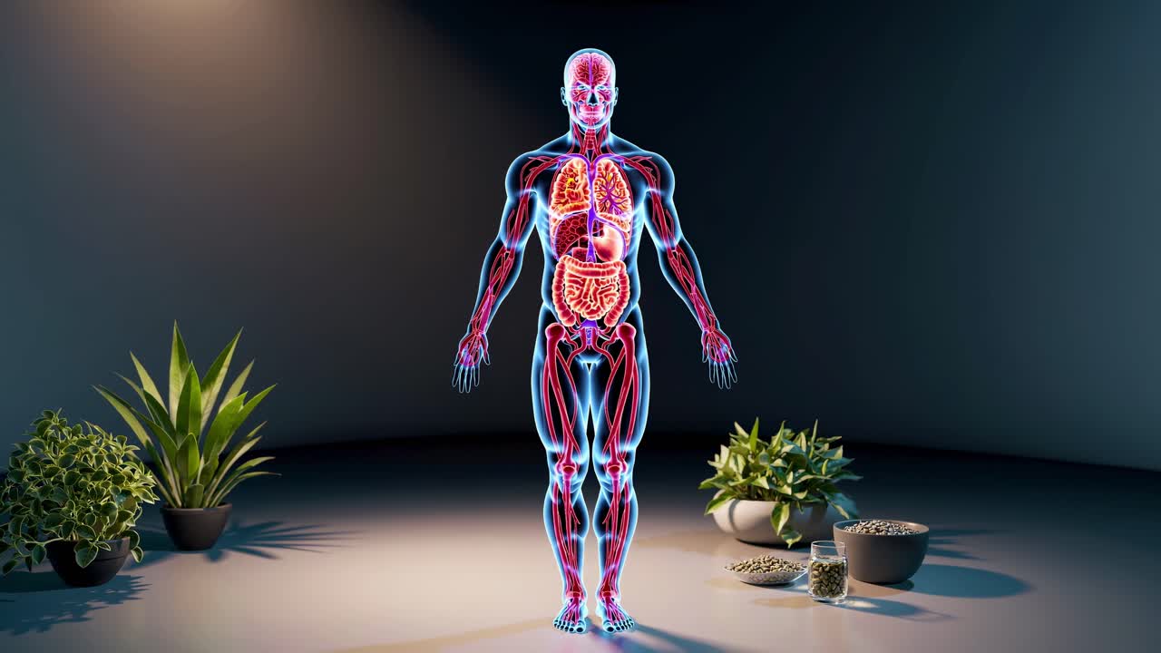 visualización transparente de la anatomía humana que revela intrincados órganos internos, sistemas musculares, estructura esquelética, junto con elementos botánicos en ilustraciones científicas de tonos grises