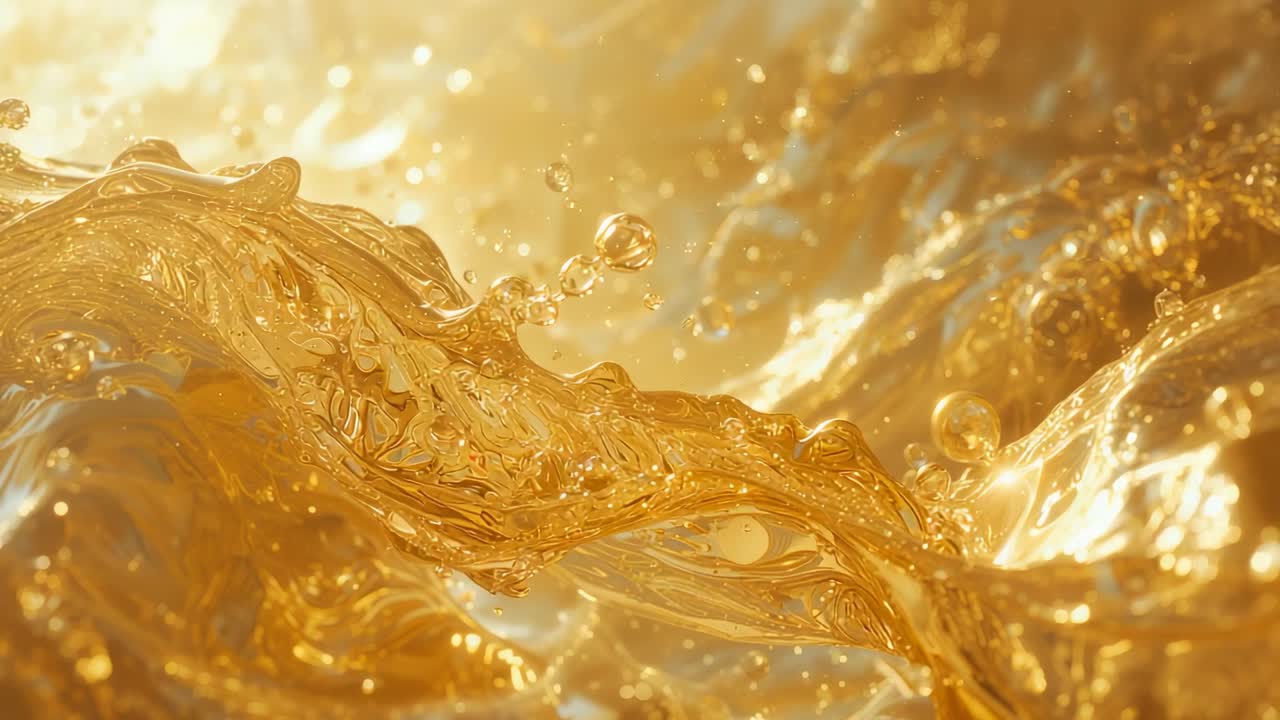 Forming crest, amber-hued liquid wave rippling across glossy surface, sending droplets arcing