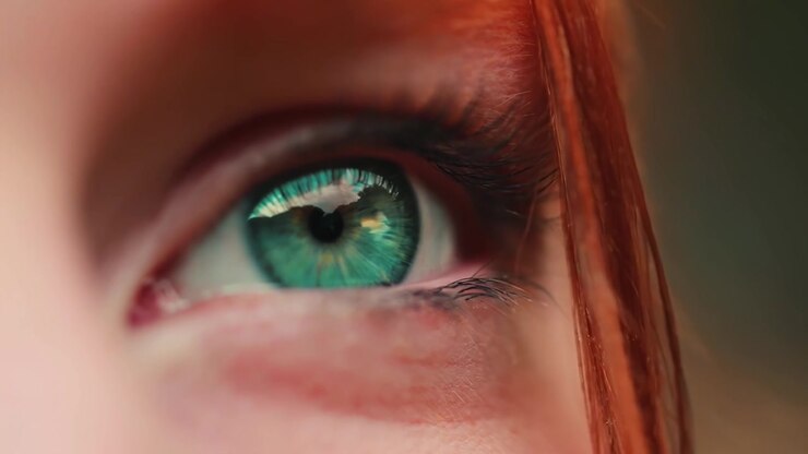 Macro-opname van een levendig groen oog met weerspiegeling van de lucht