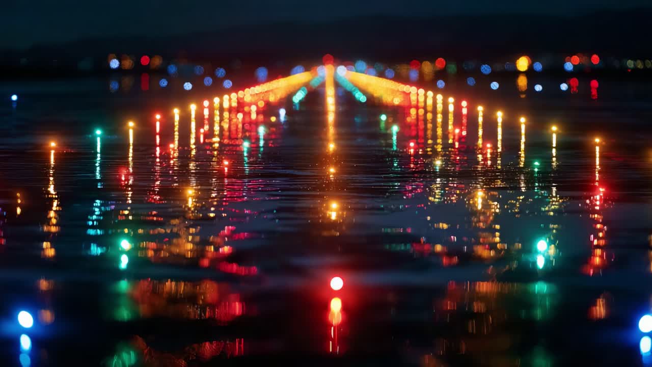 A captivating night scene showcasing an illuminated runway with vibrant multicolored lights reflecting on water, creating a mesmerizing symmetrical pattern in a serene environment