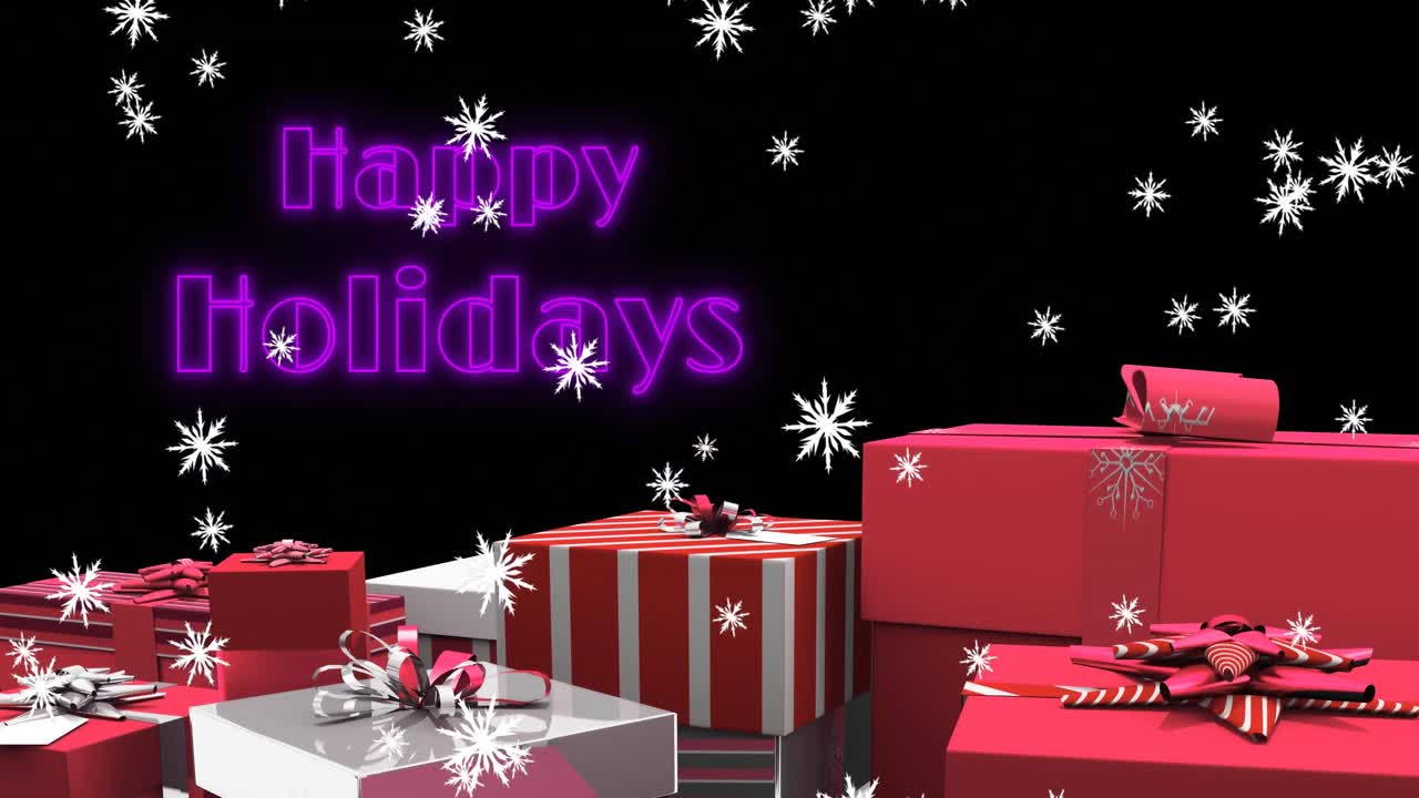 크리스마스 때 검은 바탕에 눈이 떨어지고 선물이 떨어지는 행복한 휴일 텍스트의 애니메이션