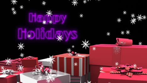 animation of happy holidays text over snow falling and presents on black background at christmas