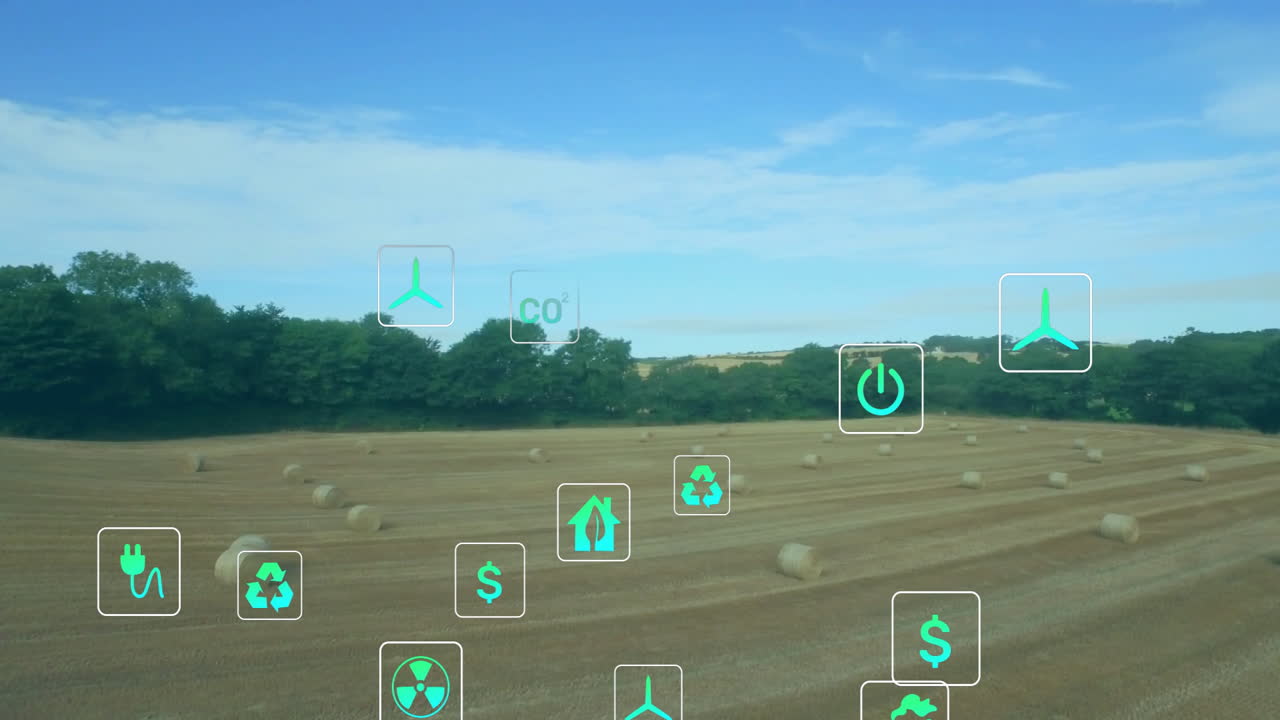Icons of sustainability and energy overlaying rural landscape with hay bales animation