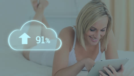 animación de una nube blanca con un porcentaje de más de cien estudiantes femeninas que usan una tableta digital