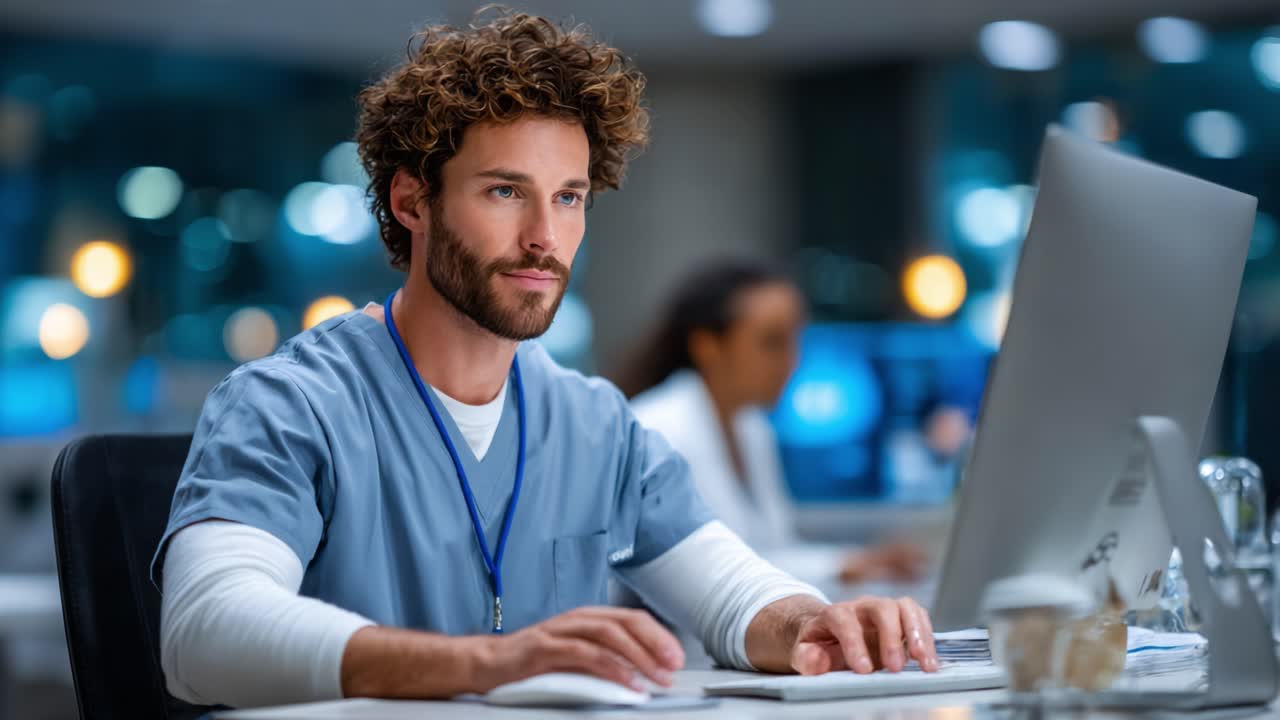Fokusert helsepersonell som analyserer data på datamaskin under nattskift i moderne medisinsk anlegg med kolleger i bakgrunnen