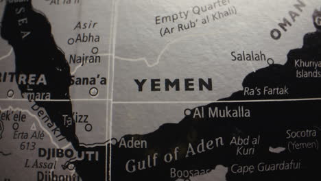a close-up view of yemen on a world map