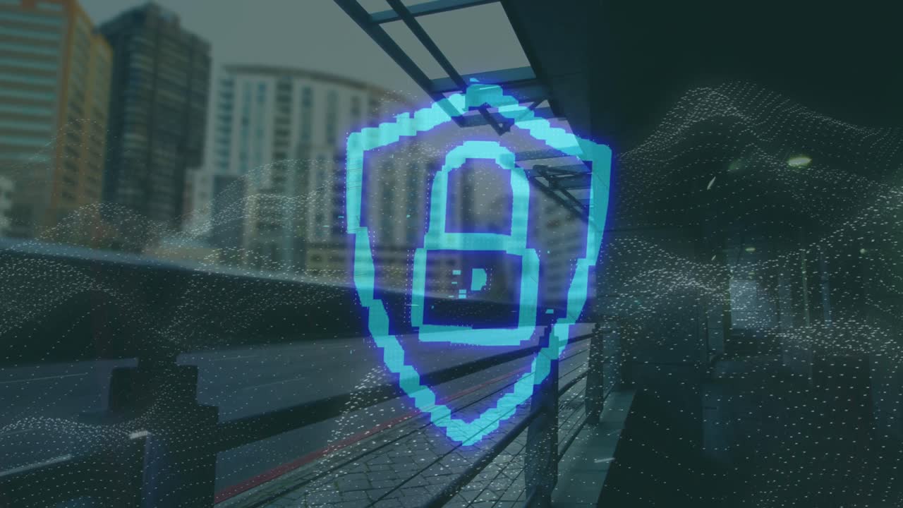 animación de candado de seguridad azul neón y onda digital contra el lapso de tiempo del tráfico de la ciudad