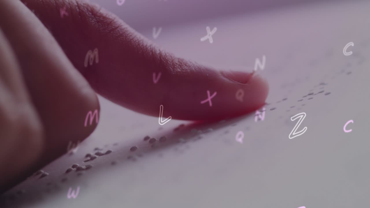 Animation of multiple alphabets floating over close up of a finger reading in braille