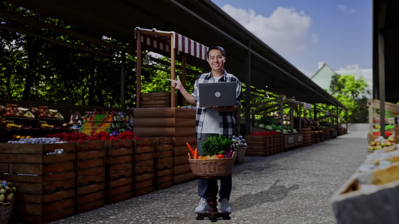 Ganzkörperaufnahme eines asiatischen Landwirts mit einem Gemüsekorb, der einen Laptop benutzt und auf einem Bauernmarkt zur Seite zeigt