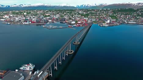 Bridge-of-city-Tromso,-Norway-Aerial-footage