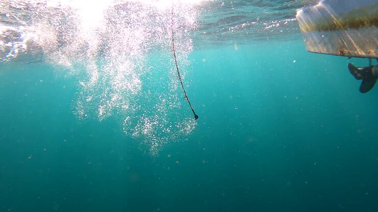 Fishing rod is pulled into water breaking calm surface and whipping up bubbles