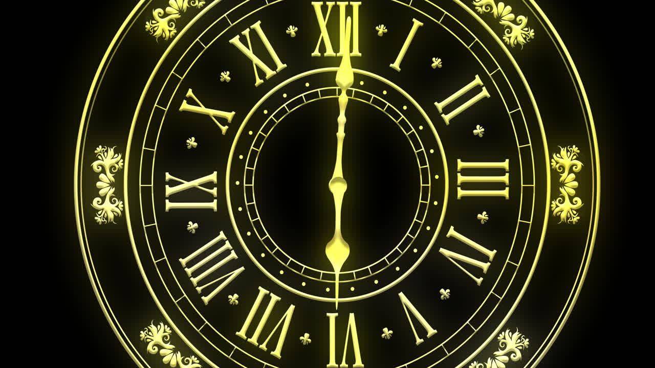 Animation of clock showing midnight and fireworks exploding on black background