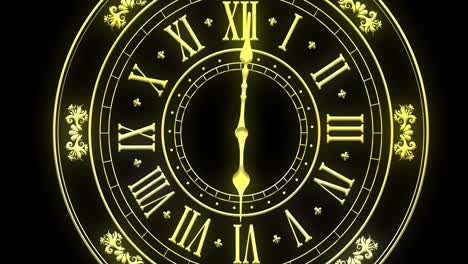 animation of clock showing midnight and fireworks exploding on black background