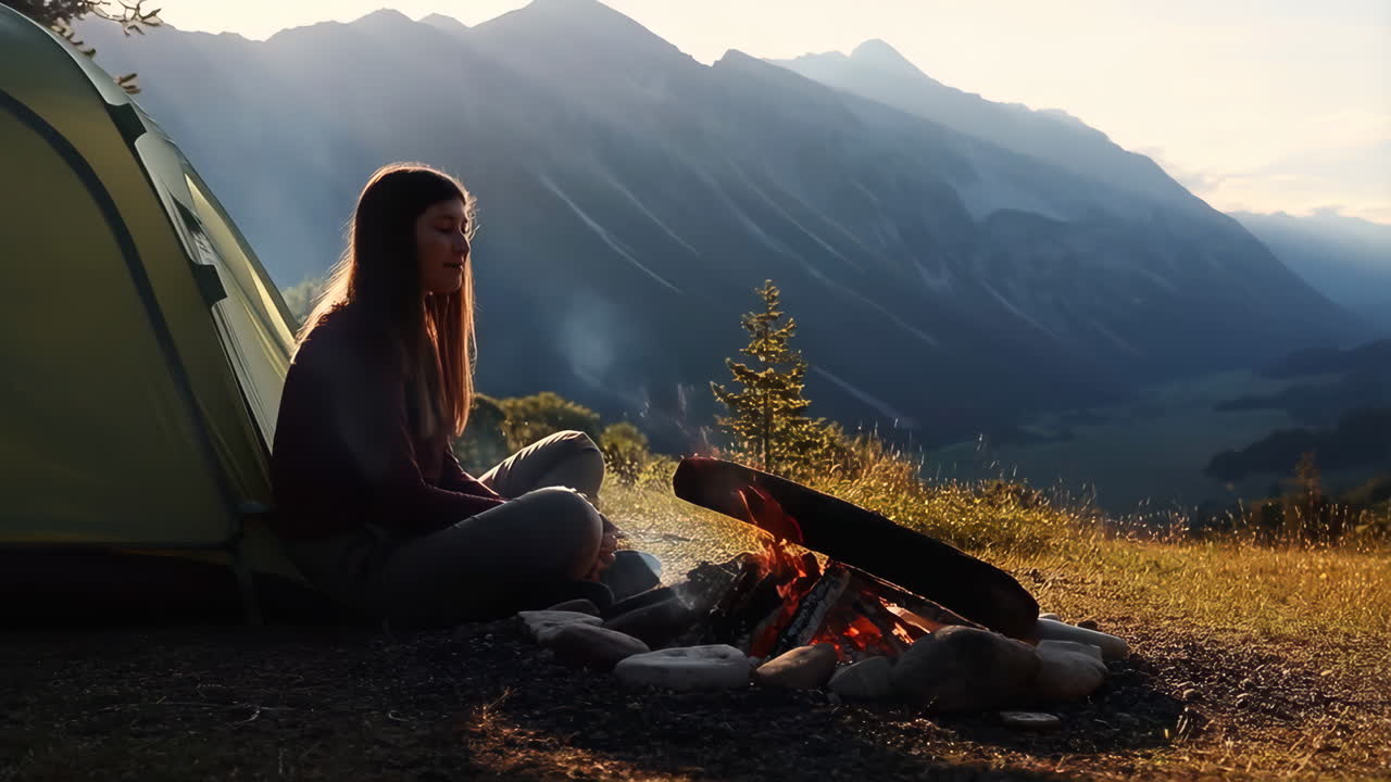 Woman Camping by a Campfire in the Mountains