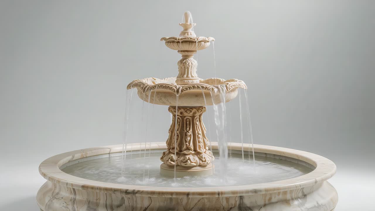 Fontana a gradoni in marmo che versa acqua in una vasca in studio, con dettagli scolpiti e nebbiolina