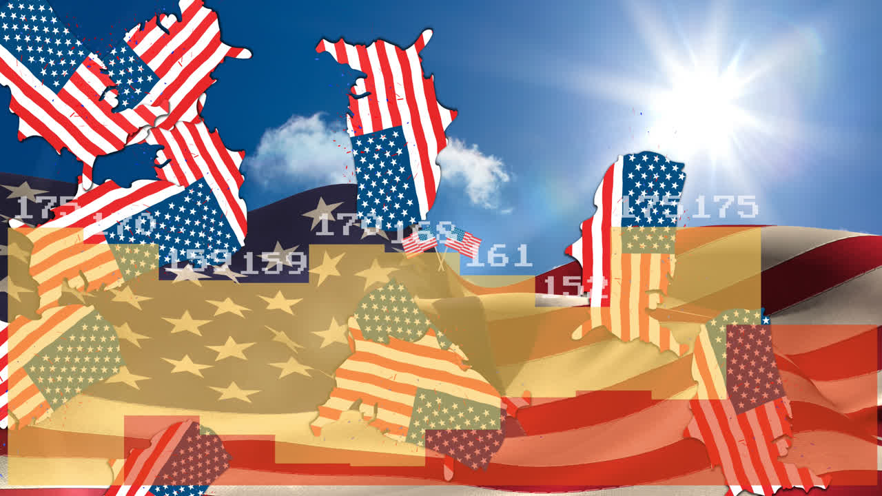 Animation of statistics and numbers processing over flags of united states of america