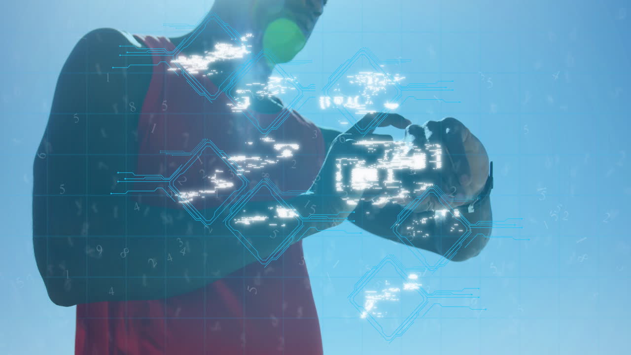 아프리카계 미국인 남자가 야외에서 스마트워치를 사용하는 미디어 아이콘의 애니메이션