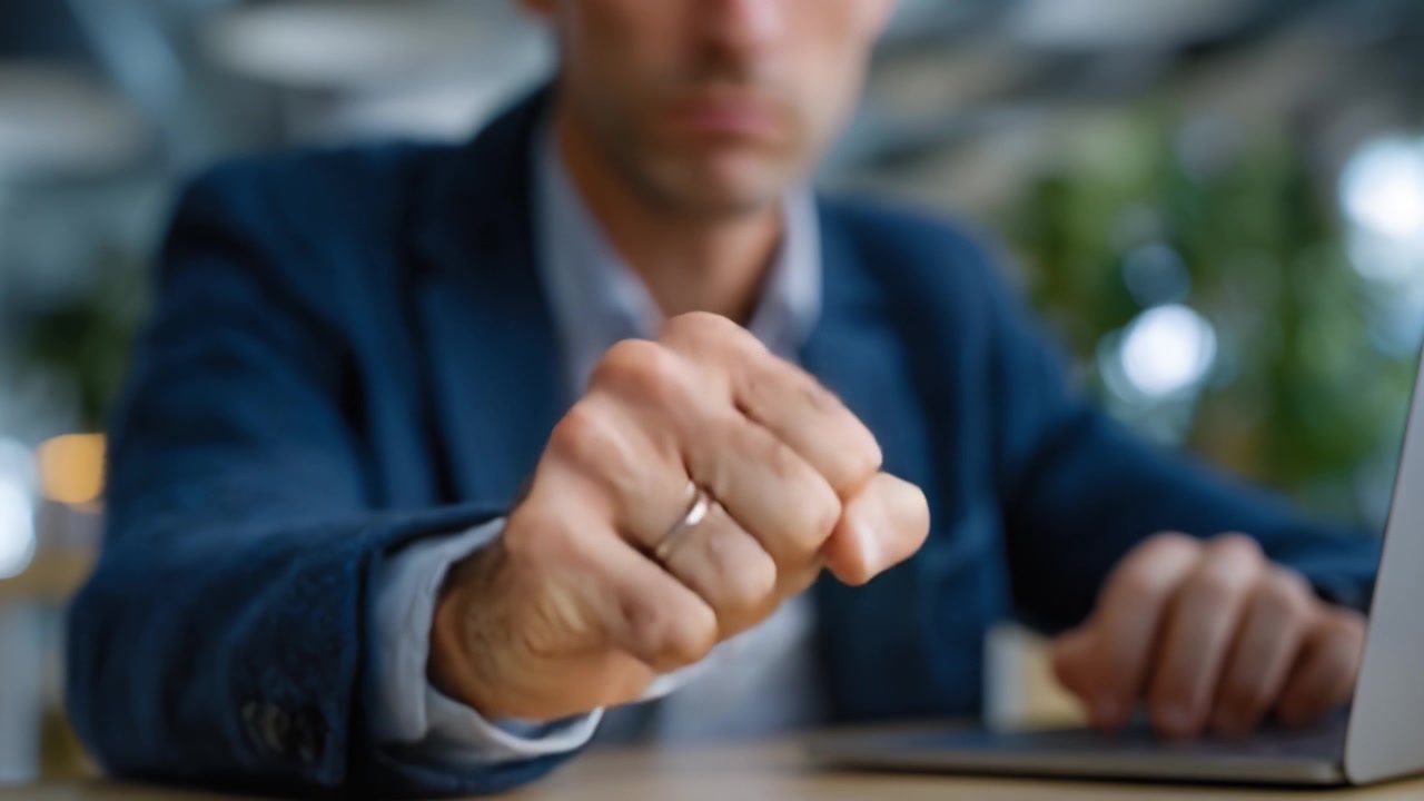 Un momento intenso catturato: un primo piano del pugno chiuso di un uomo che mostra emozione mentre lavora su un laptop in un ambiente di lavoro moderno