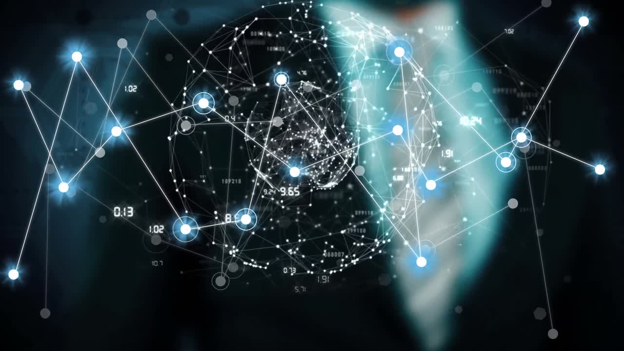 Animation of network of connections with glowing spots and globe over businessman