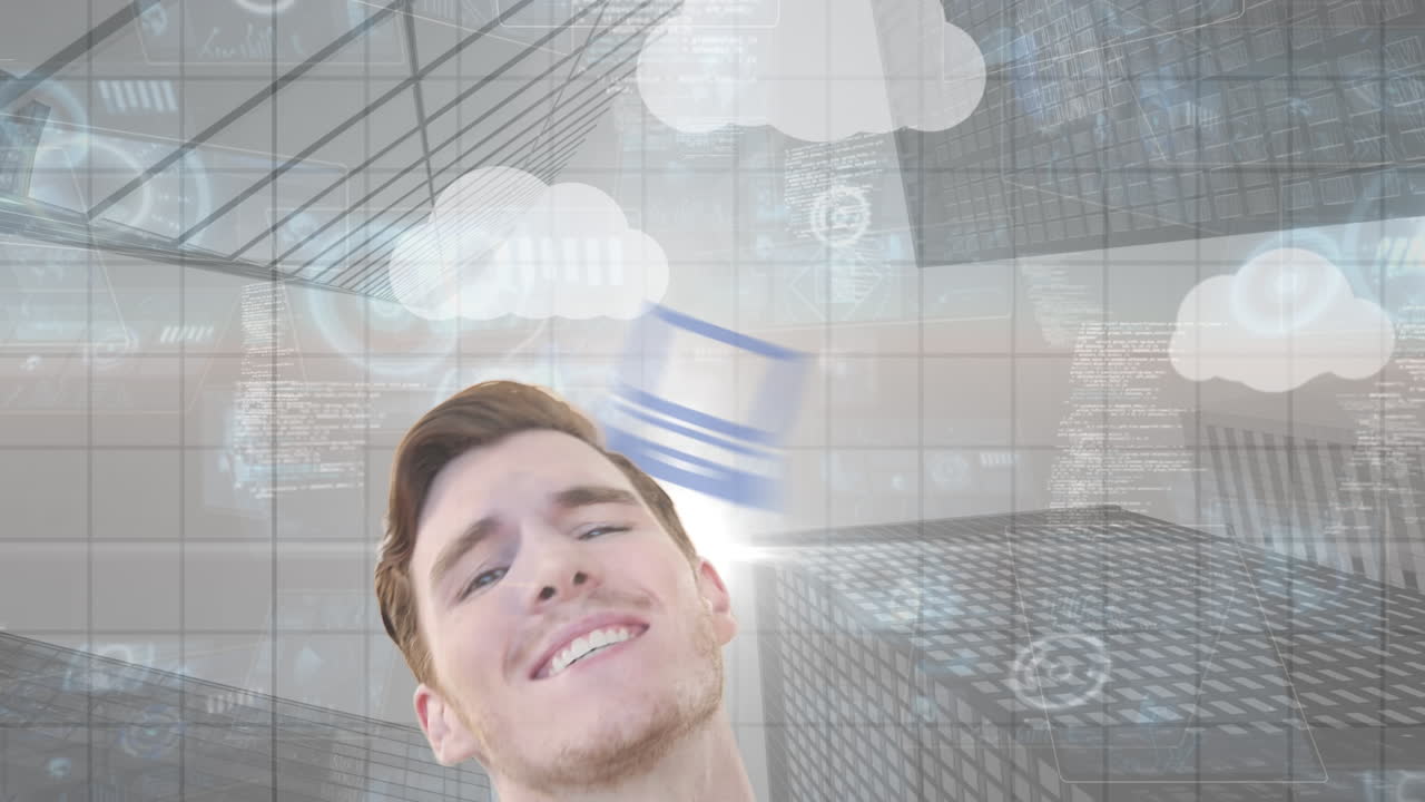 animación de un hombre de negocios caucásico sobre iconos de nubes y paisaje urbano