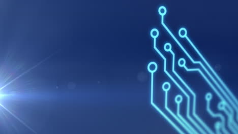 animation of close up of computer circuit board elements with spot of light on blue background