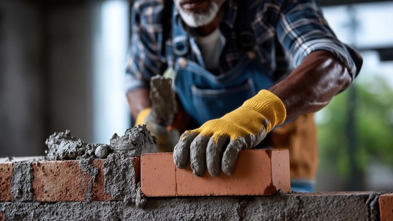 Close up of a bricklayer using a trowel to apply mortar while building a brick wall