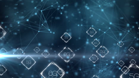 animation of network of connections of 5g icons on blue and black background