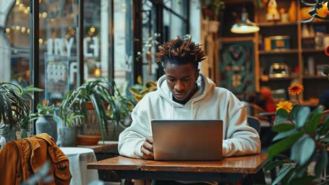 joven trabajando en una computadora portátil en un café