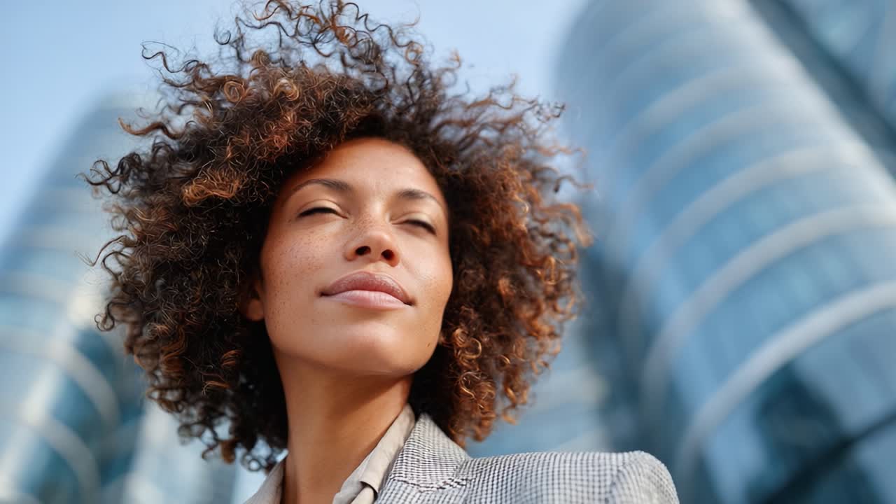 A confident woman with curly hair looks upward with a serene expression, embodying ambition and hope against a backdrop of modern architecture and urban life