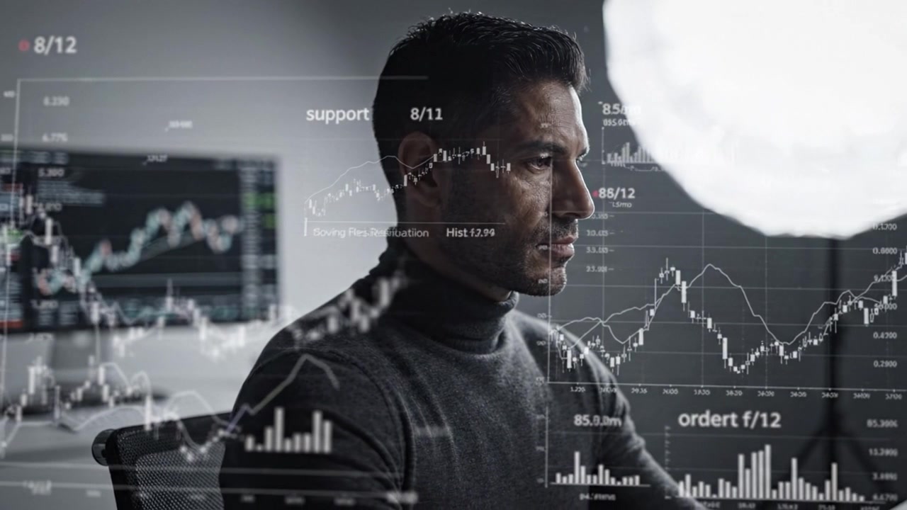 Focused Male Analyst Monitoring Stock Market Trends with Financial Graphs and Data on Screen, Emphasizing Analysis and Strategic Decision-Making