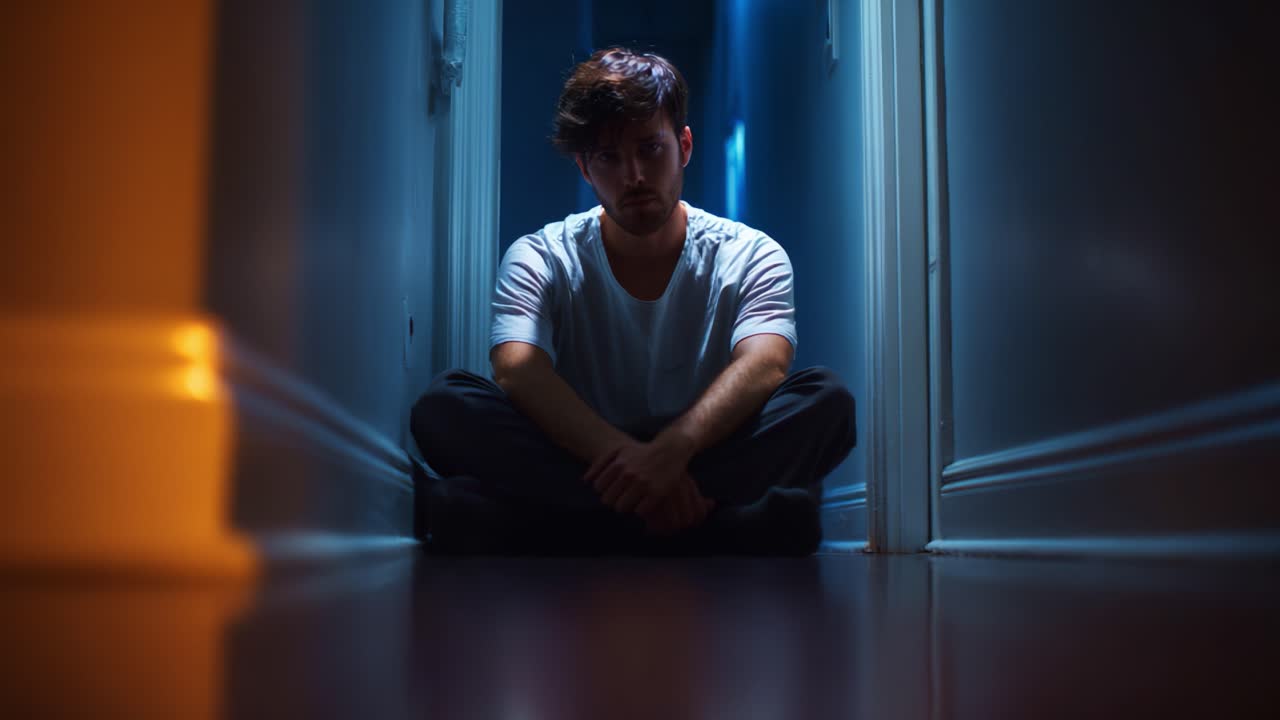 Uma figura solitária está sentada em um corredor mal iluminado, transmitindo sentimentos de introspecção e isolamento, capturando um momento de profunda contemplação contra as sombras assustadoras