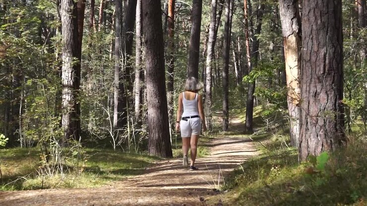 Menina caminhando na floresta