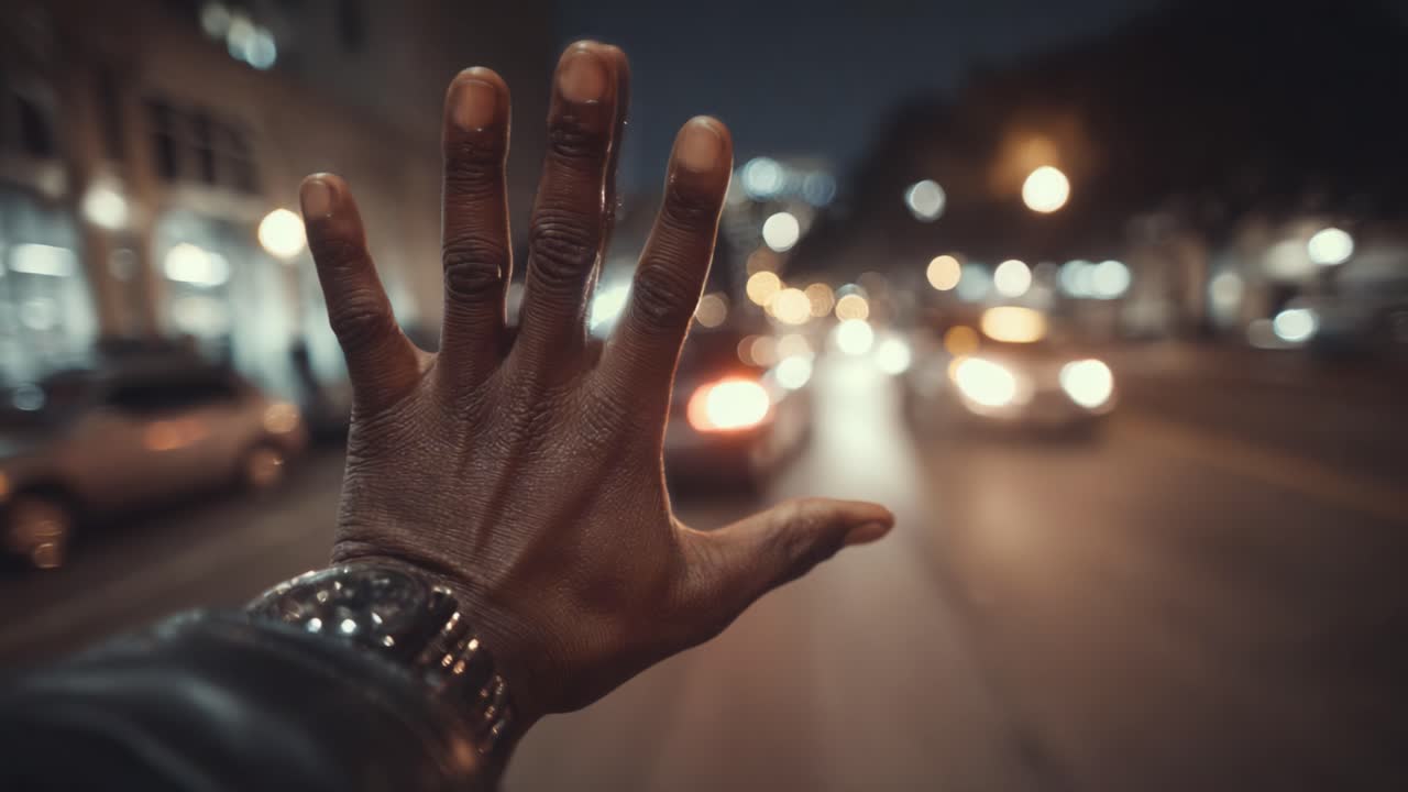 Nighttime Urban Scene with Hand Raised in Gesture as Vehicles Pass by in a Busy Street, Highlighting the Interaction Between Humans and City Life