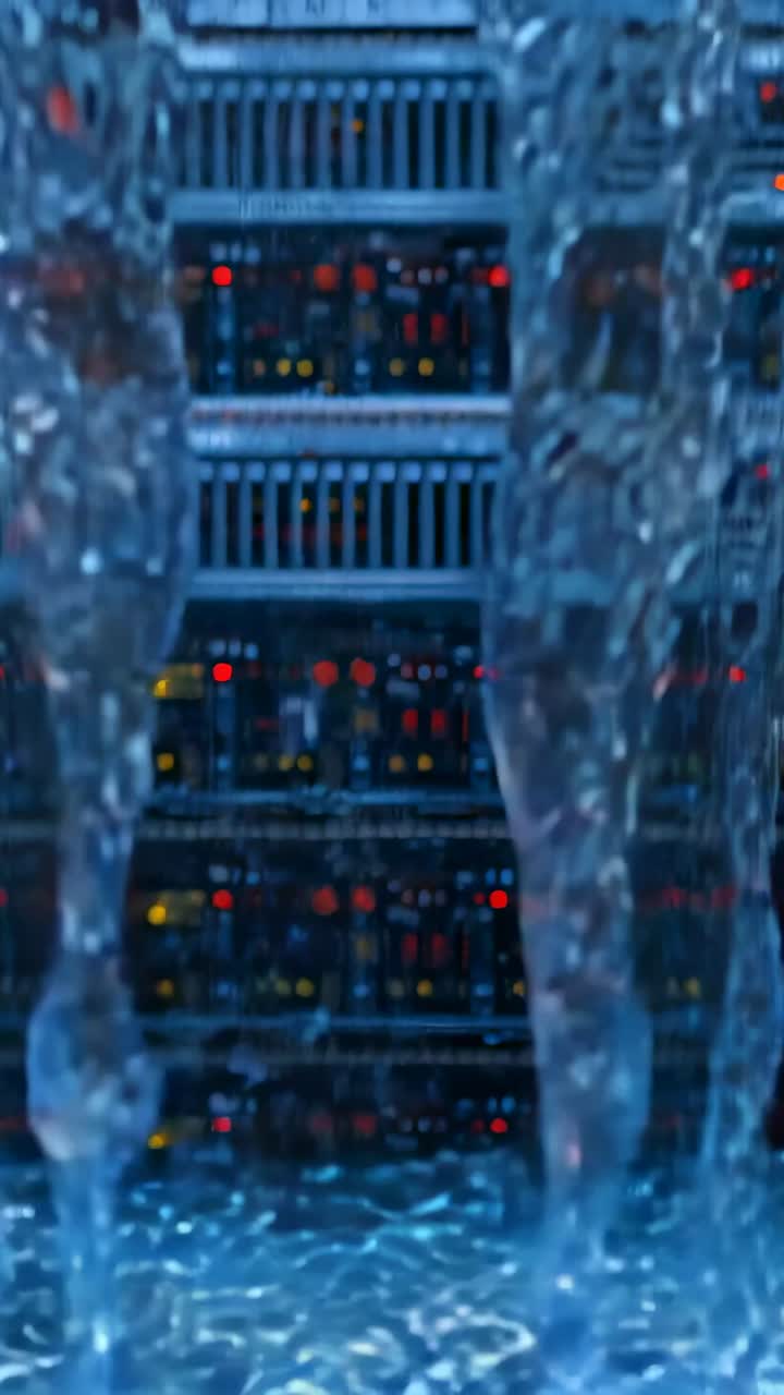 Vertical video: Pump activating three vertical streams flowing in data center for cooling servers