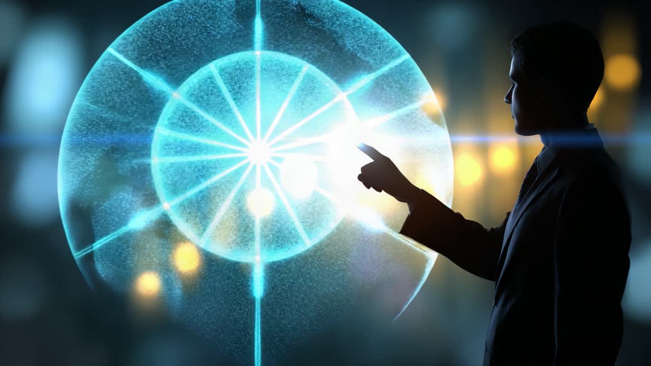 Un professionista impegnato con tecnologie innovative, che presenta la visualizzazione e l'interazione dei dati in un ambiente futuristico