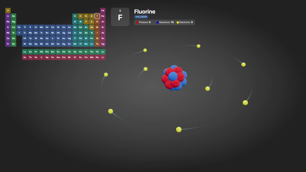 Visualização 3D educacional de um átomo de flúor com elétrons orbitando um núcleo central