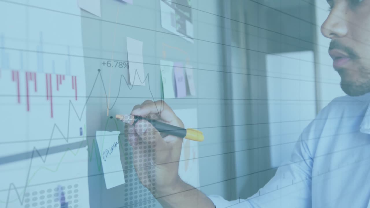 animación de la interfaz con gráficos y datos con el hombre en la oficina haciendo notas en la pared