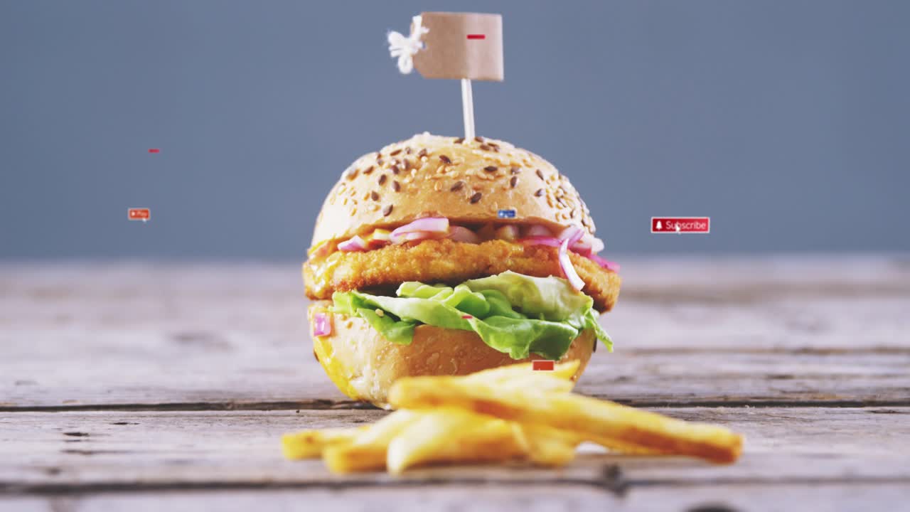 Slider entering left, badges floating closer, camera zooming, skewer rising, promoting subscribe