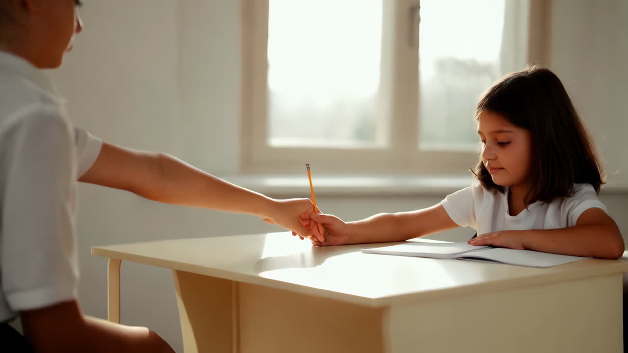 Two children studying at a desk, with one helping the other to write