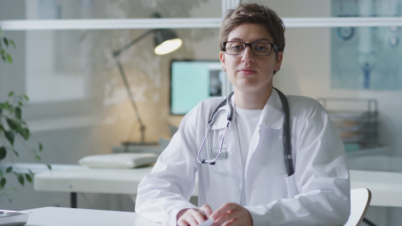 A doctor is sitting at her desk in her office