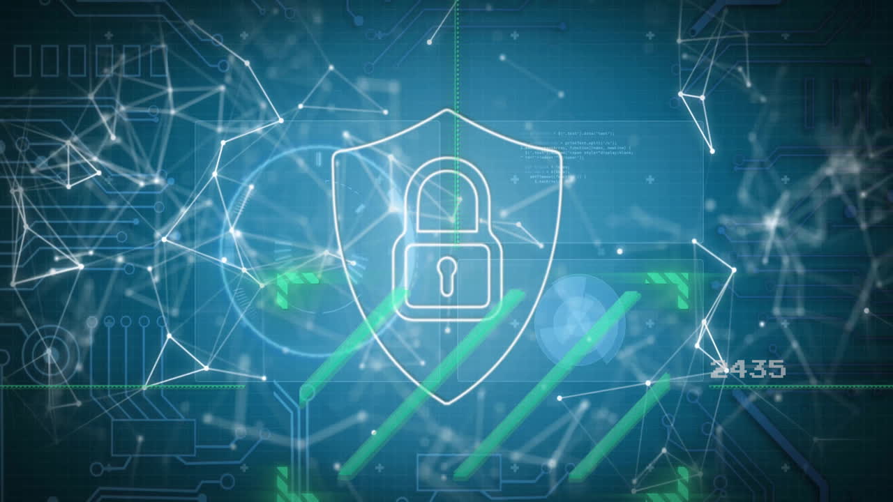 Animation of padlock icon, network of connections and data processing