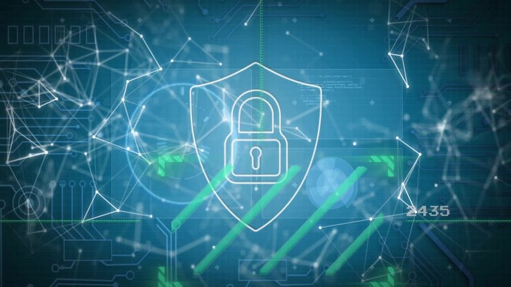 Animation of padlock icon, network of connections and data processing