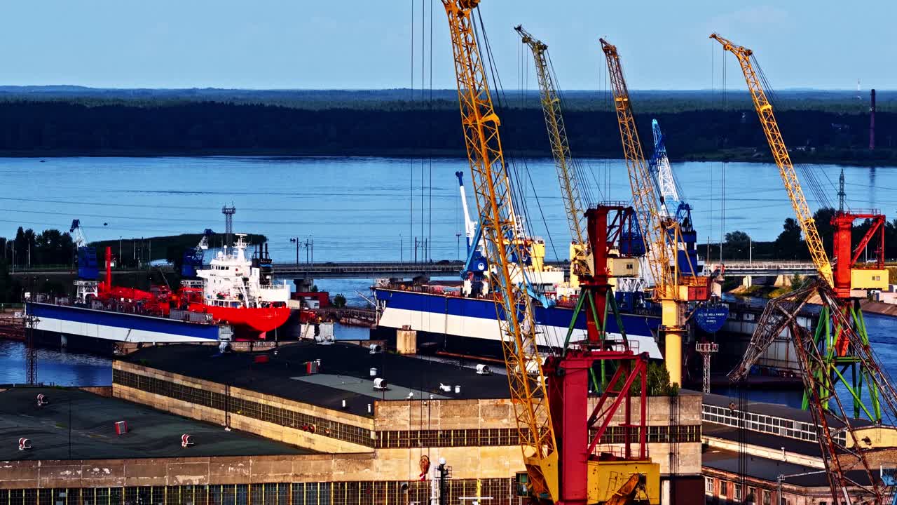 Shipyard industrial repair yard marina port Riga Latvia Baltic sea crane, aerial drone