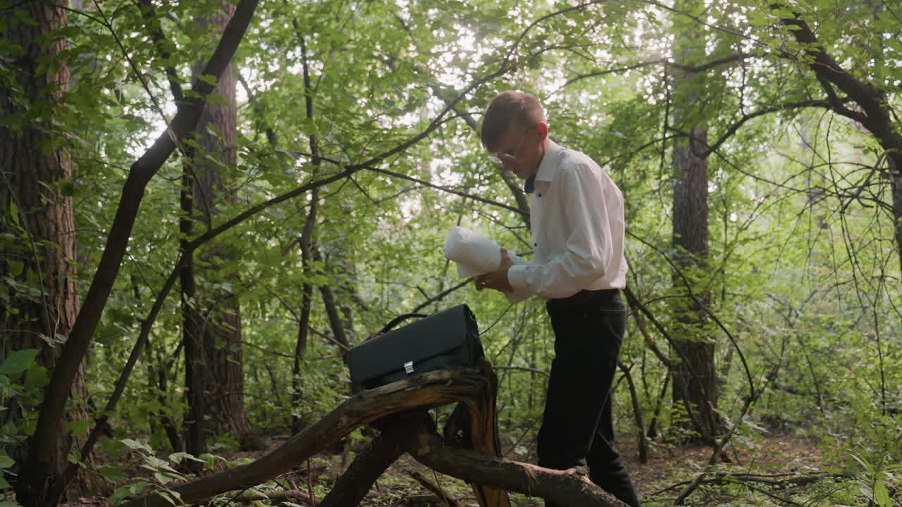 Side view of young man in white shirt folding white coat and placing it inside black leather bag resting on fallen tree in forest, surrounded by lush green leaves and natural woodland sunlight