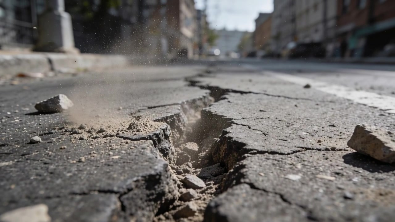 Mostrando una fessura che si forma e si allarga sul manto stradale urbano a causa di uno spostamento del terreno, con un pezzo di asfalto che cade.