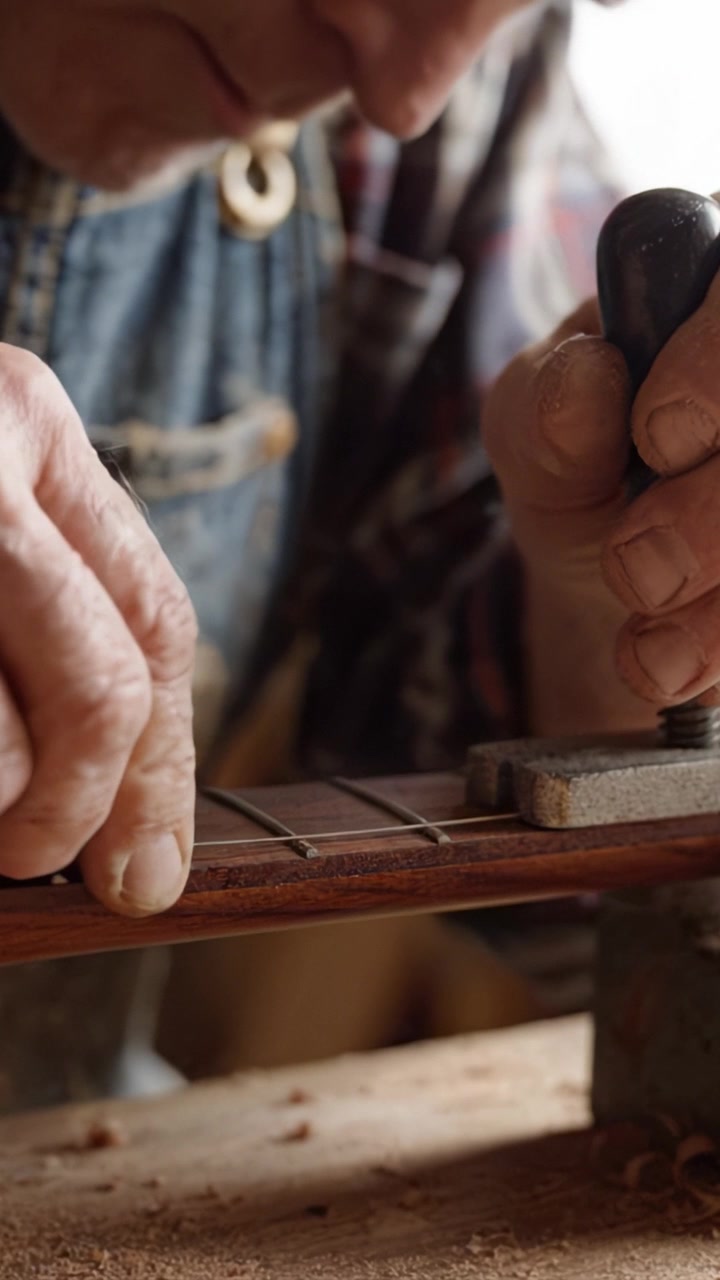 Crafting a Guitar: An Artisan's Skillful Touch in Shaping the Fretboard with Precision and Care for a Perfect Musical Instrument