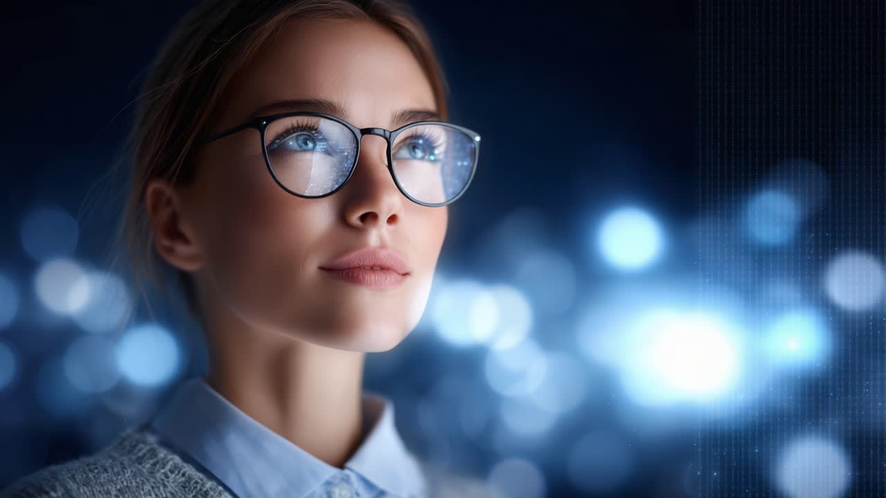 A thoughtful woman gazes into the distance, illuminated by soft blue light, wearing glasses and a cozy sweater, portraying introspection and peaceful contemplation
