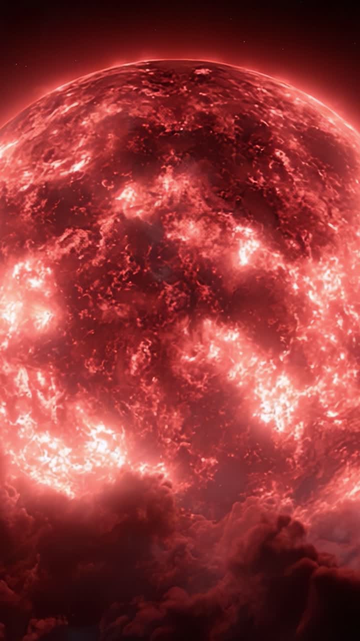 En betagende udsigt til et flammende rødt himmellegeme oplyst mod en mørk kosmisk baggrund, der viser de indviklede detaljer af dets overflade midt i hvirvlende skyer