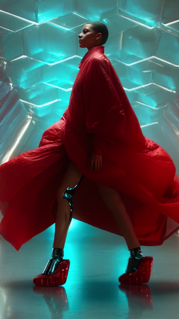 Futuristic Fashion Showcase: Stunning Model in Flowing Red Coat and Bold Red Heels Against a Vibrant Glowing Background, Capturing the Essence of Modern Style