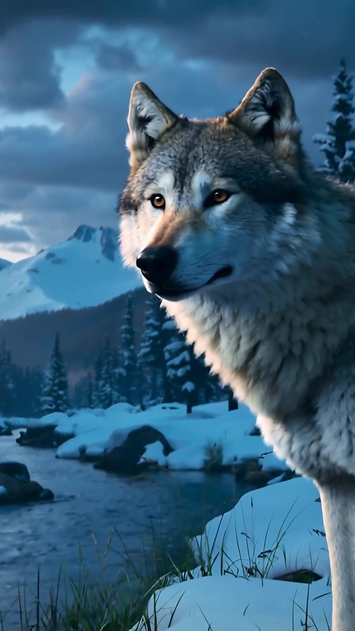 Video vertical: Lobo gris detectando una onda, girando la cabeza en un banco de nieve, observando el arroyo, espacio para texto